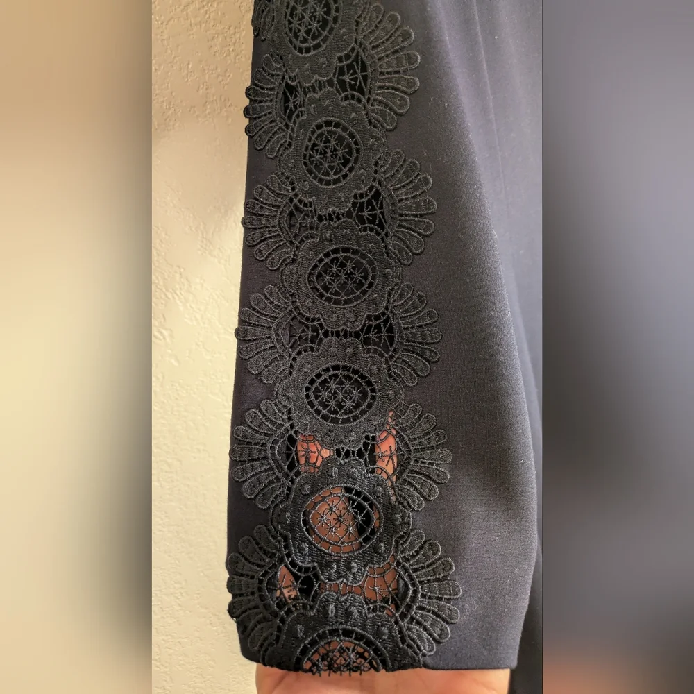 Talbot's Lace Sleeve Ponte Fit & Flare Navy Dress - Picture 4 of 8